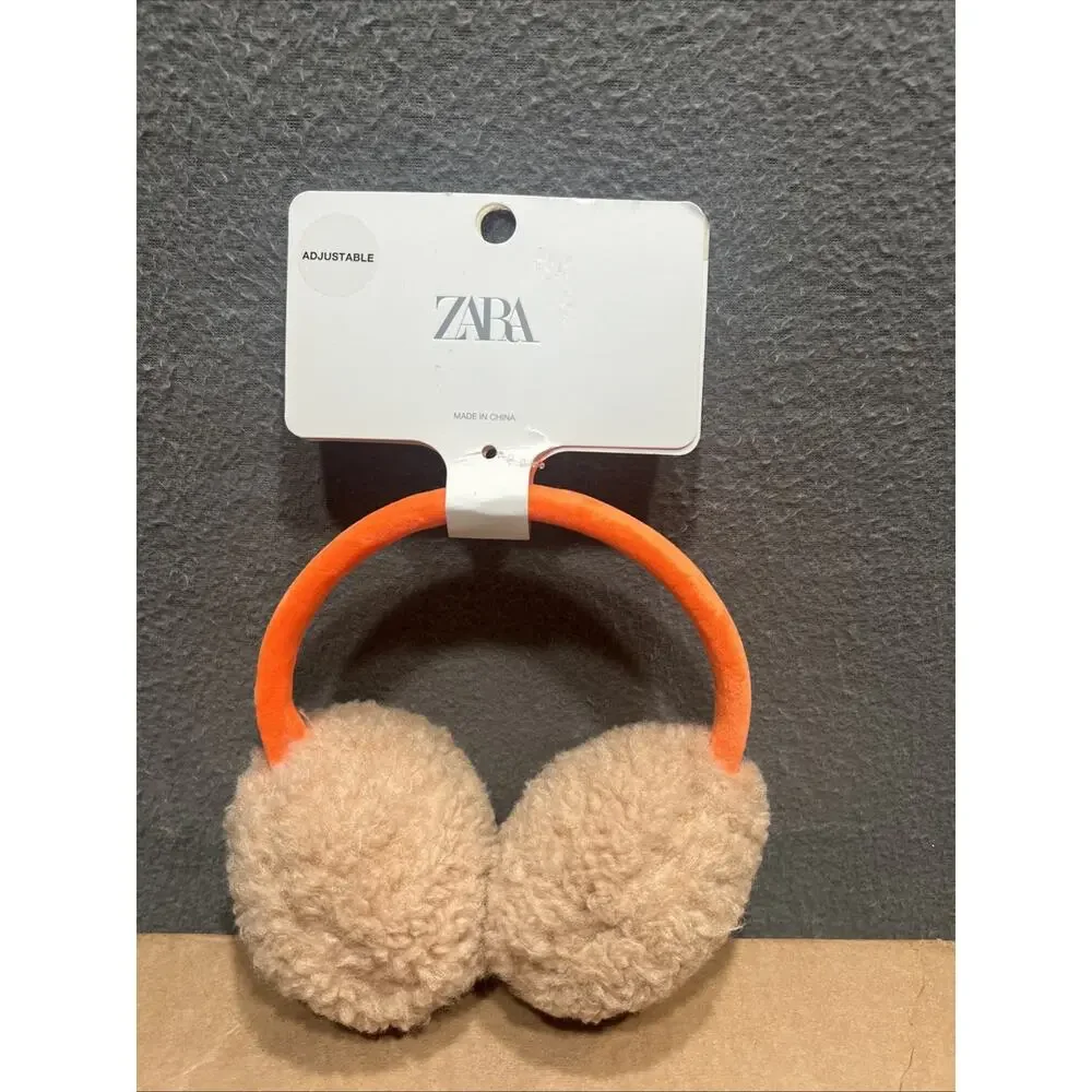 Zara Kids Adjustable Earmuffs Velvet Orange/Beige Size Medium 5-14 Years